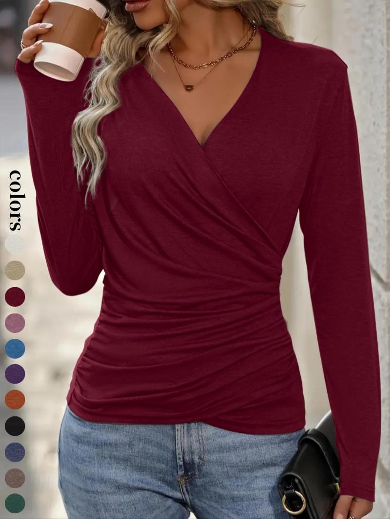 Women's Casual Long Sleeve Top Blouse with Criss Cross Neckline, Style Ruched Hem Design, Perfect for Daily Wear & Layering