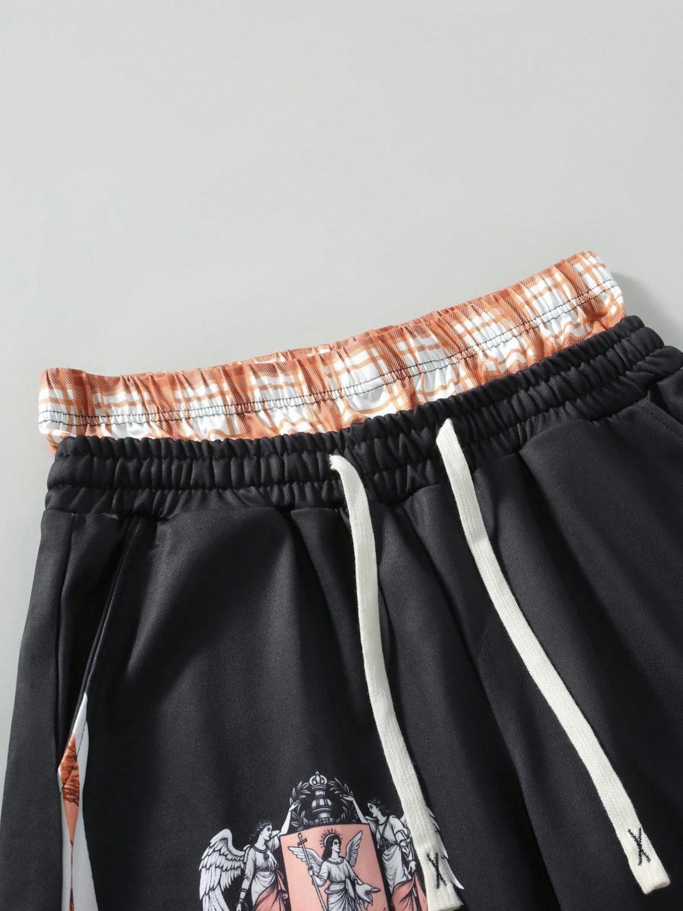 Men's Vintage Twin Eagle Badge Striped Sports Pants, Elastic Waist Drawstring Streetwear Wide Leg Pants, American Retro Casual Sweatpants