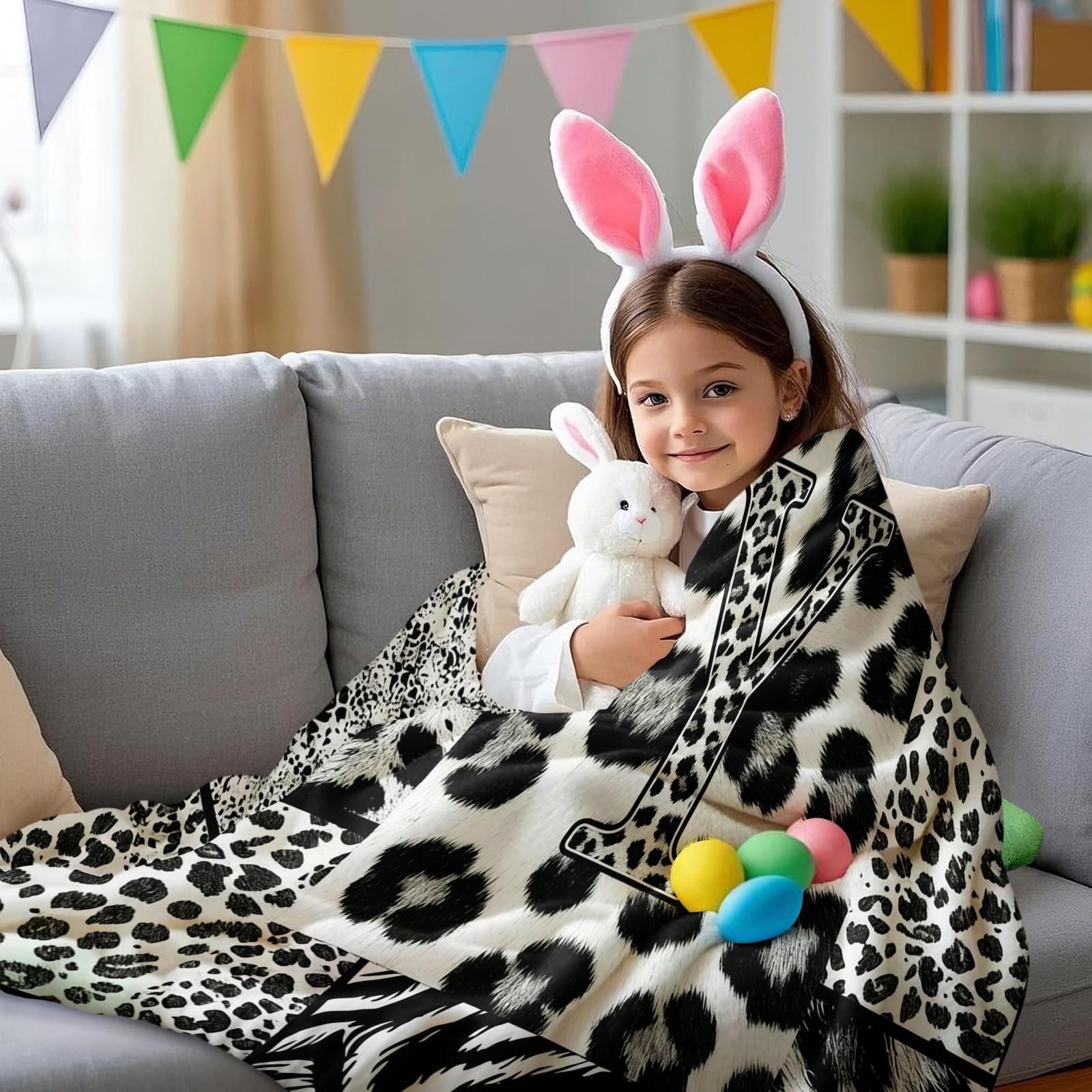 Custom Initial Animal Print Throw Blanket, Trendy Patchwork Visual Impact, Skin-friendly Breathable Lightweight, Perfect for Rental Bedroom Daily Use