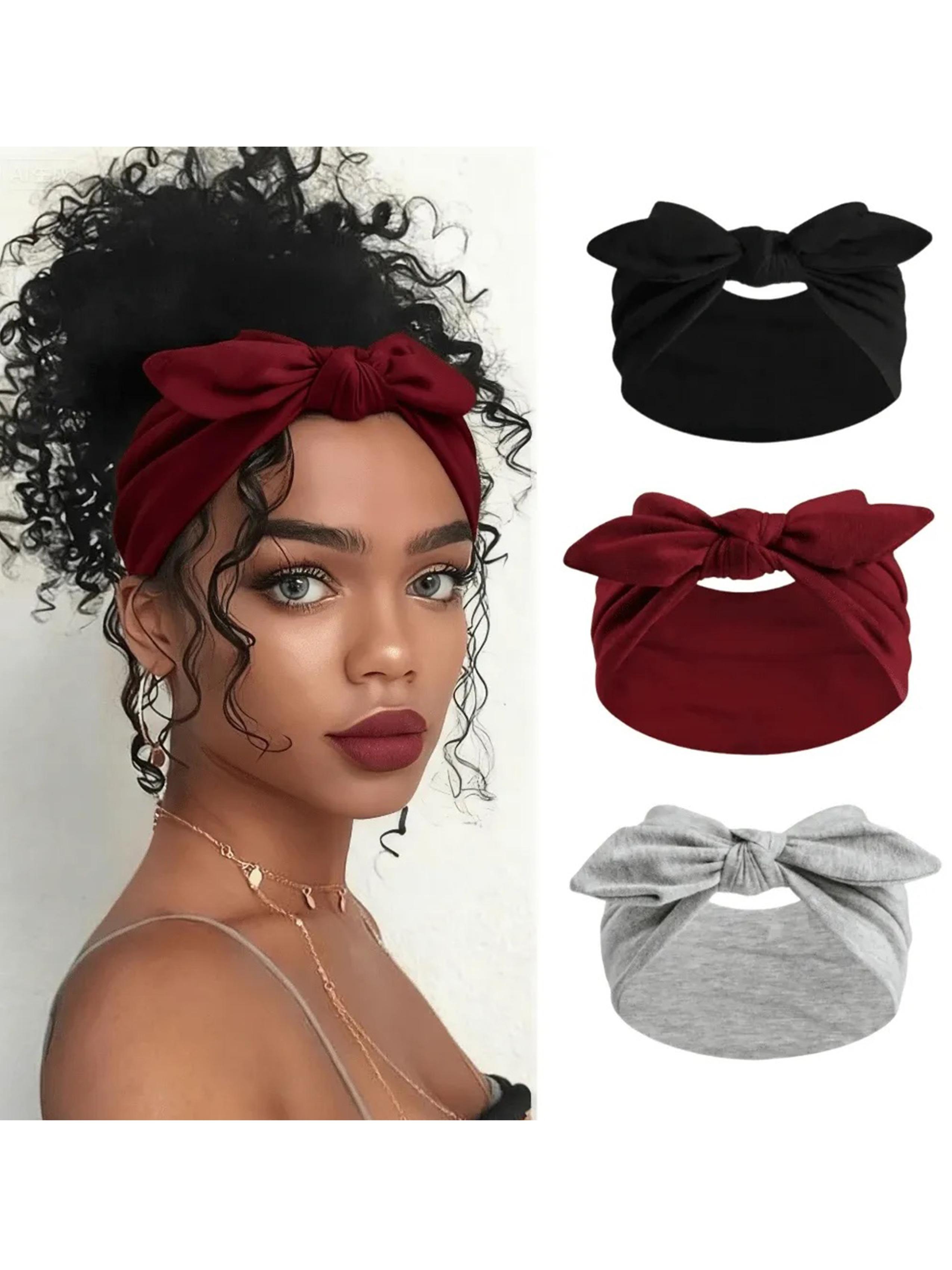 Women's Wide Bowknot Headband Set, Ribbed Elastic Turban Wraps in Solid Colors, Non-Slip Fashion Accessory for Yoga & Workout, Black Headband, Stretchy Headbands