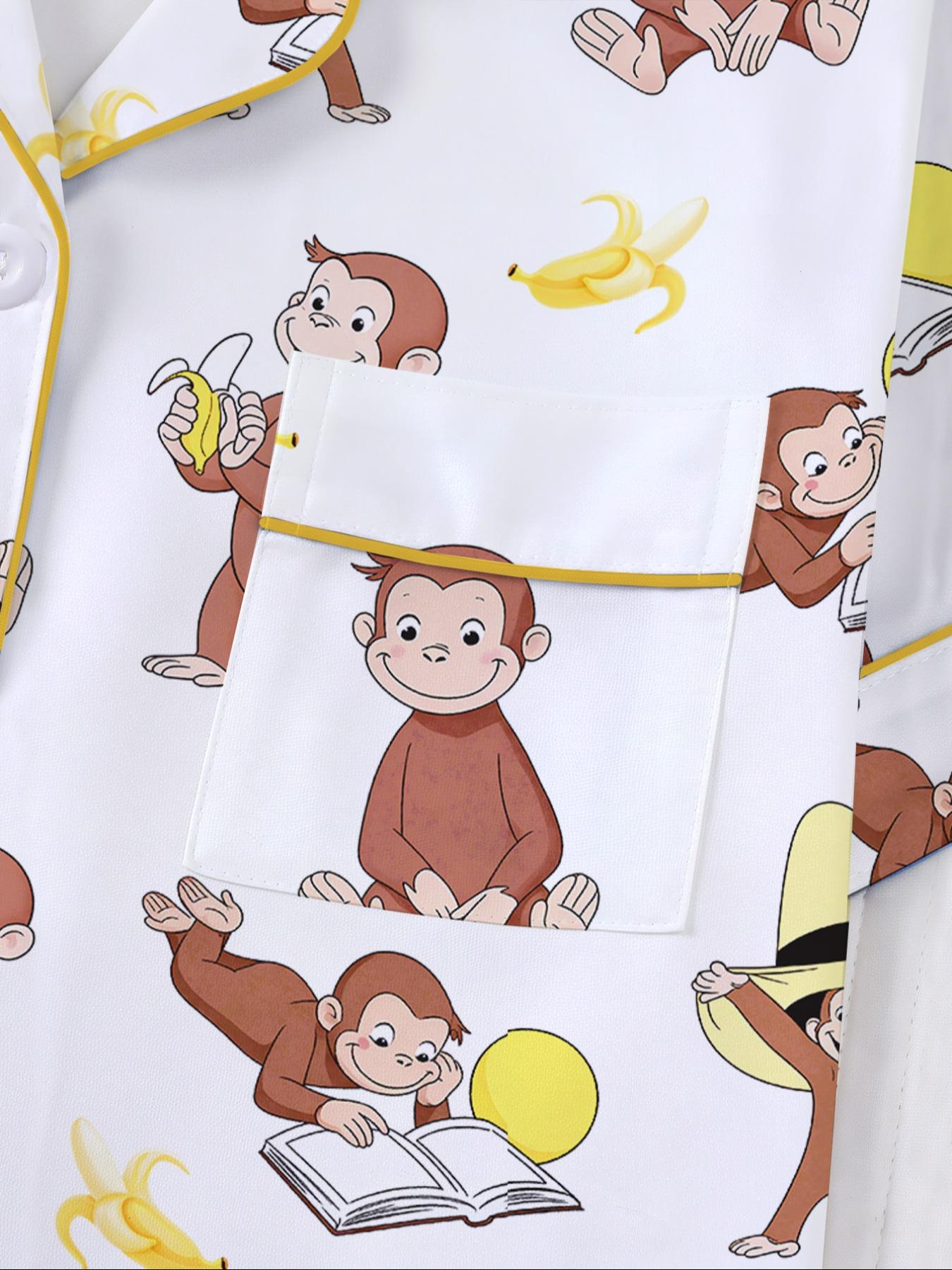 Women's Monkey Banana Print Sleepwear Set, Comfortable Short Sleeve Button Shirt & Loose Elastic Shorts, Fashion Casual Home Wear, Pajama Set