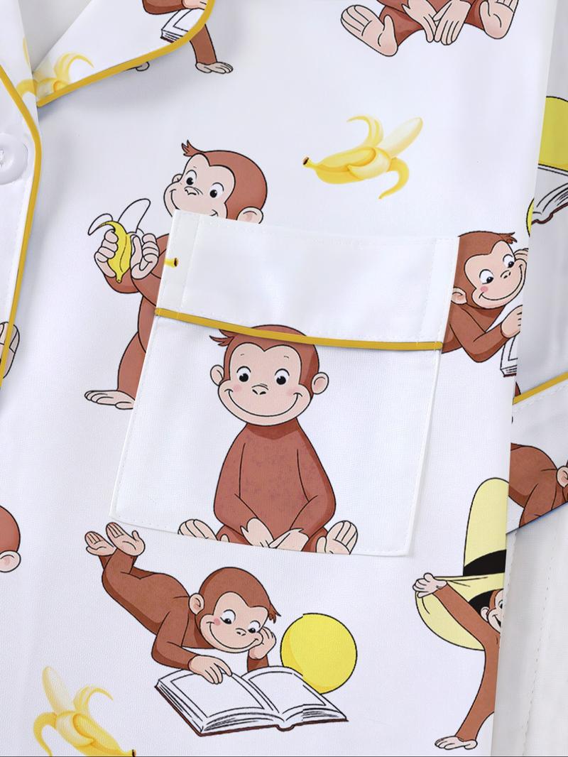 Women's Monkey Banana Print Sleepwear Set, Comfortable Short Sleeve Button Shirt & Loose Elastic Shorts, Fashion Casual Home Wear, Pajama Set
