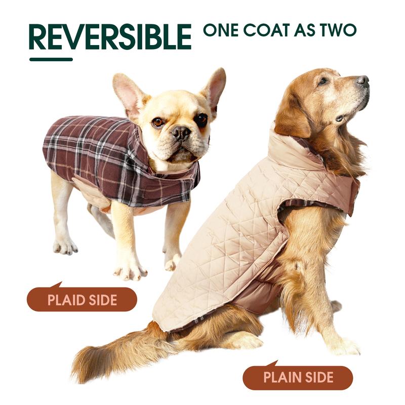 Kuoser Warm Dog Coat, Reversible Dog Jacket Waterproof Dog Winter Coat British Style Plaid Dog Clothes Pet Dog Cold Weather Coats Cozy Snow Jacket Vest for Small Medium Large Dogs