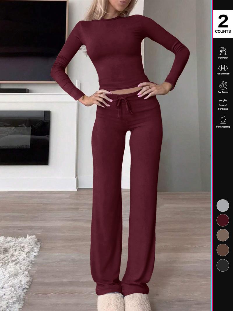 2026 Two Pieces Fall Women Clothes Y2K Sporty Casual Home Solid Color Fitted Long-Sleeved T-Shirt And Long Pants Set