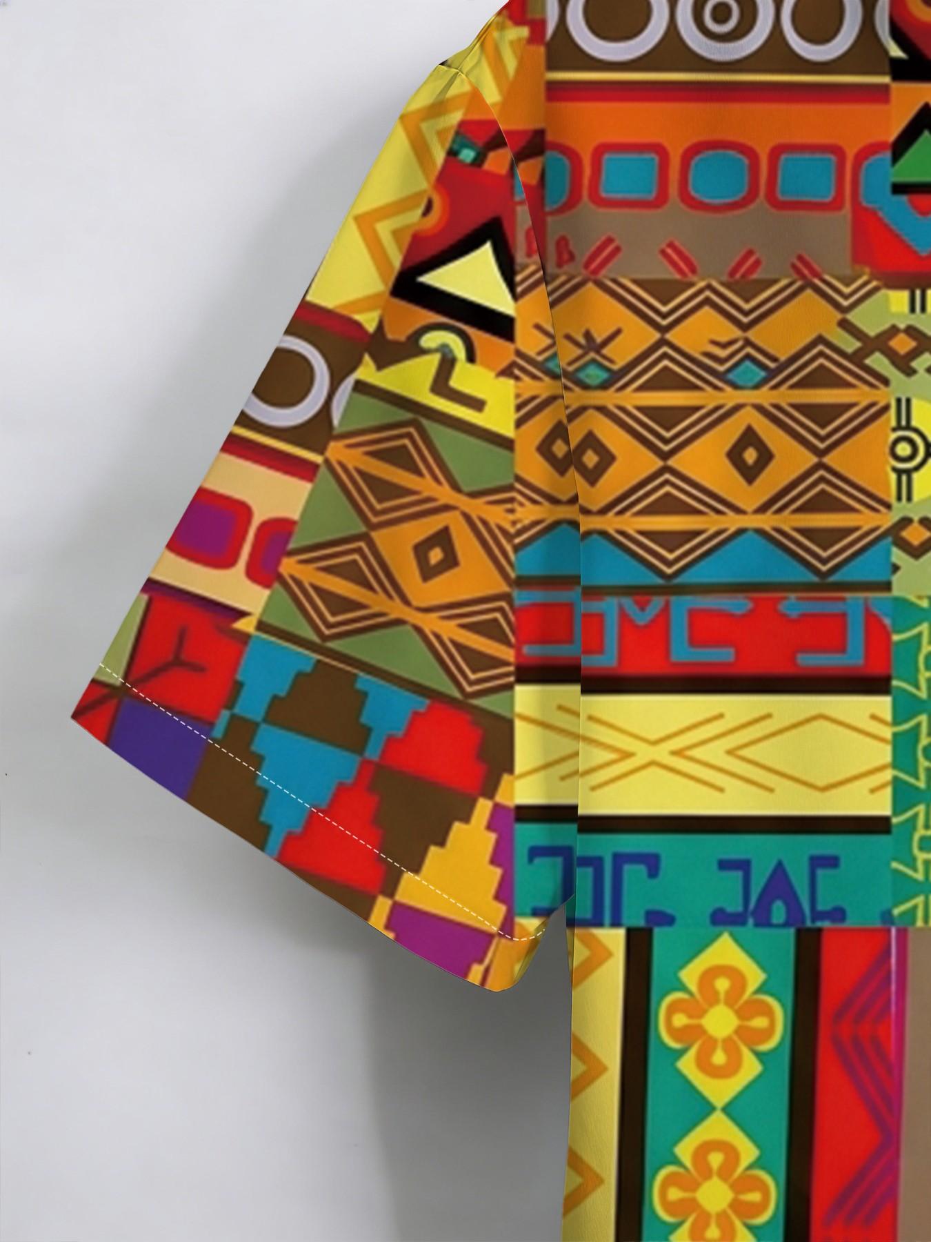 Summer New Men's Short Sleeve Shirt, Vintage African Ethnic Geometric Print, Casual Breathable Beach Holiday Hawaiian Shirt