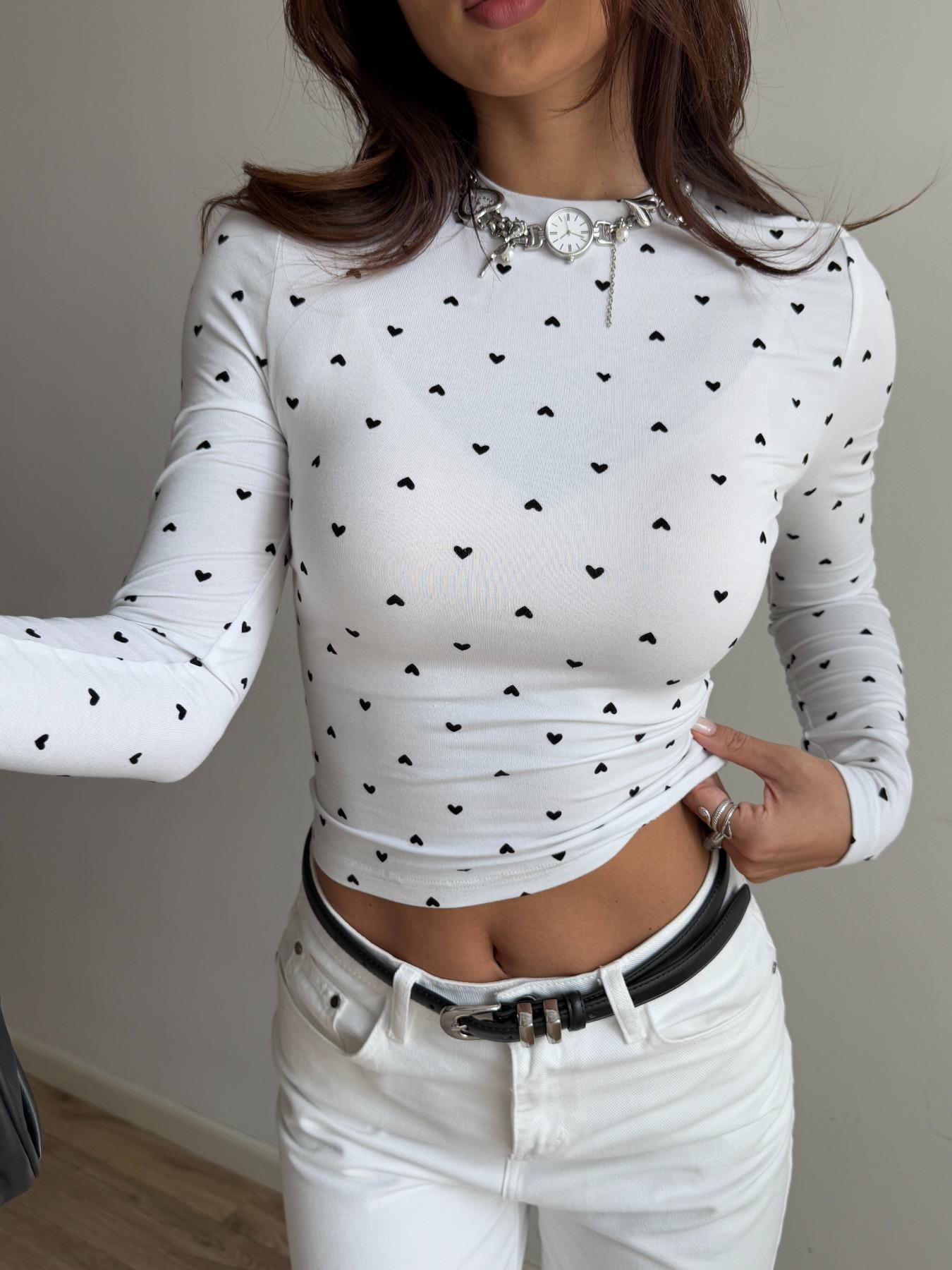 Heart Print Long Sleeve Short Top, Slim Fit Elastic Tee, Bottom Heart Pattern, Fashion Y2K Style Shirt, Cute Casual Wear, Casual Fashionable Top
