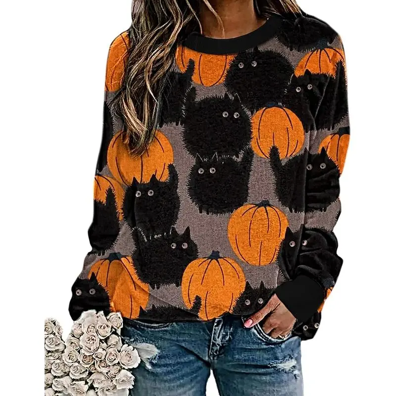 Women’s Halloween Pumpkin Sweatshirt, Cute Cat and Bat Print Crewneck Pullover, Casual Loose-Fit Long Sleeve Top for Fall, Parties & Everyday Wear