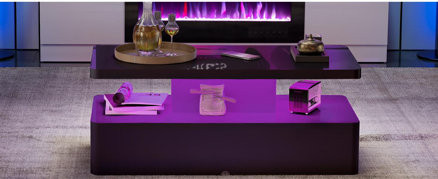 Contemporary Coffee Tables for Living Room, LED Coffee Table with Rounded Corner in 16 Colors, High Gloss 2 Tiers Table with Hidden Power Supply