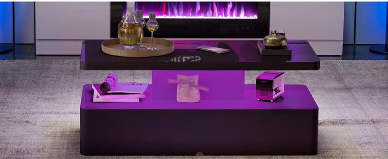 AHB Contemporary Coffee Table with Rounded Corners LED Lighting High Gloss 2 Tiers in 16 Colors Modern Living Room Furniture