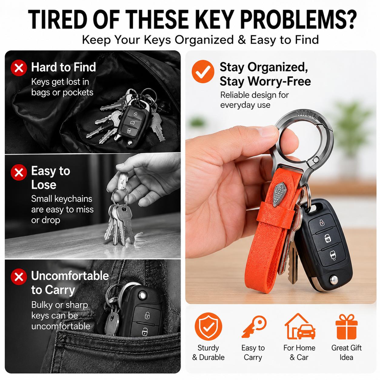 Upgraded Zinc Alloy Keychain with Leather Strap, Stylish EDC Key chain Holder for Car Keys, House Keys, Everyday Carry, Gift for Men and Women