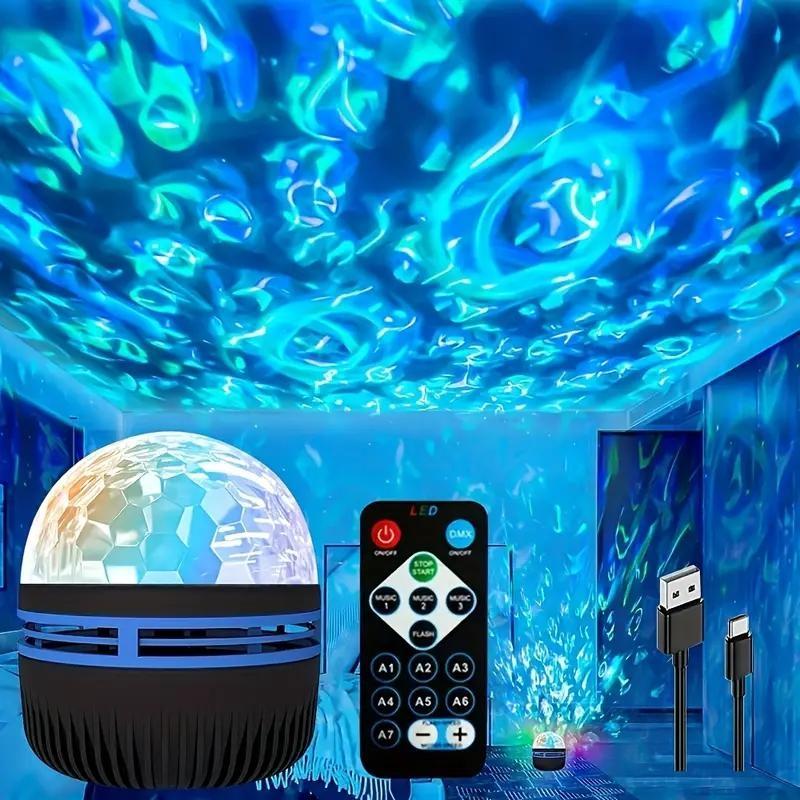 Water Wave Projector Lamp, Plug-In Self-Moving Magic Ball Atmosphere Light with Remote, Sea Wave Projector for Bedroom Home Decor Gift