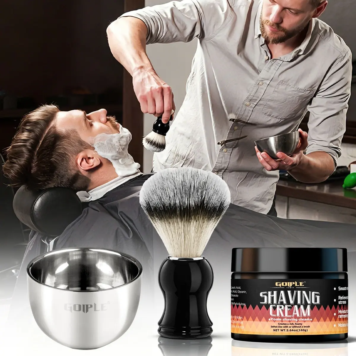 Goiple Men's Shaving Cream Set, Face Shaving, 3-Piece Shaving Kit, Ready-To-Use, Rich Foam, Softens Beard, Gentle on All Beard Types, Perfect Gift