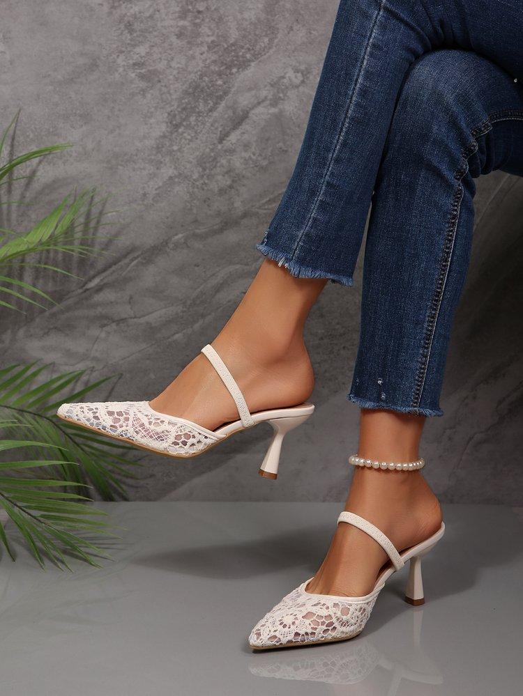 Women's Summer French Lace Pointed Toe Sandals Block Heel Ankle Strap Slingbacks Sexy Outdoor Slides