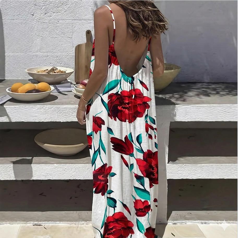 2026 Women's Nightdress Printed Halter Neck Backless Loose Nightgown Casual Homewear in Leopard Print