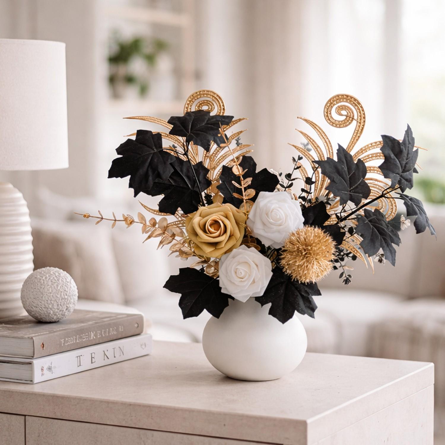 Beautiful Realistic Artificial Flower Bouquet, Maple Leaf, Gold Rose, Rose, Eucalyptus, Ideal for Weddings, Parties, Gifts