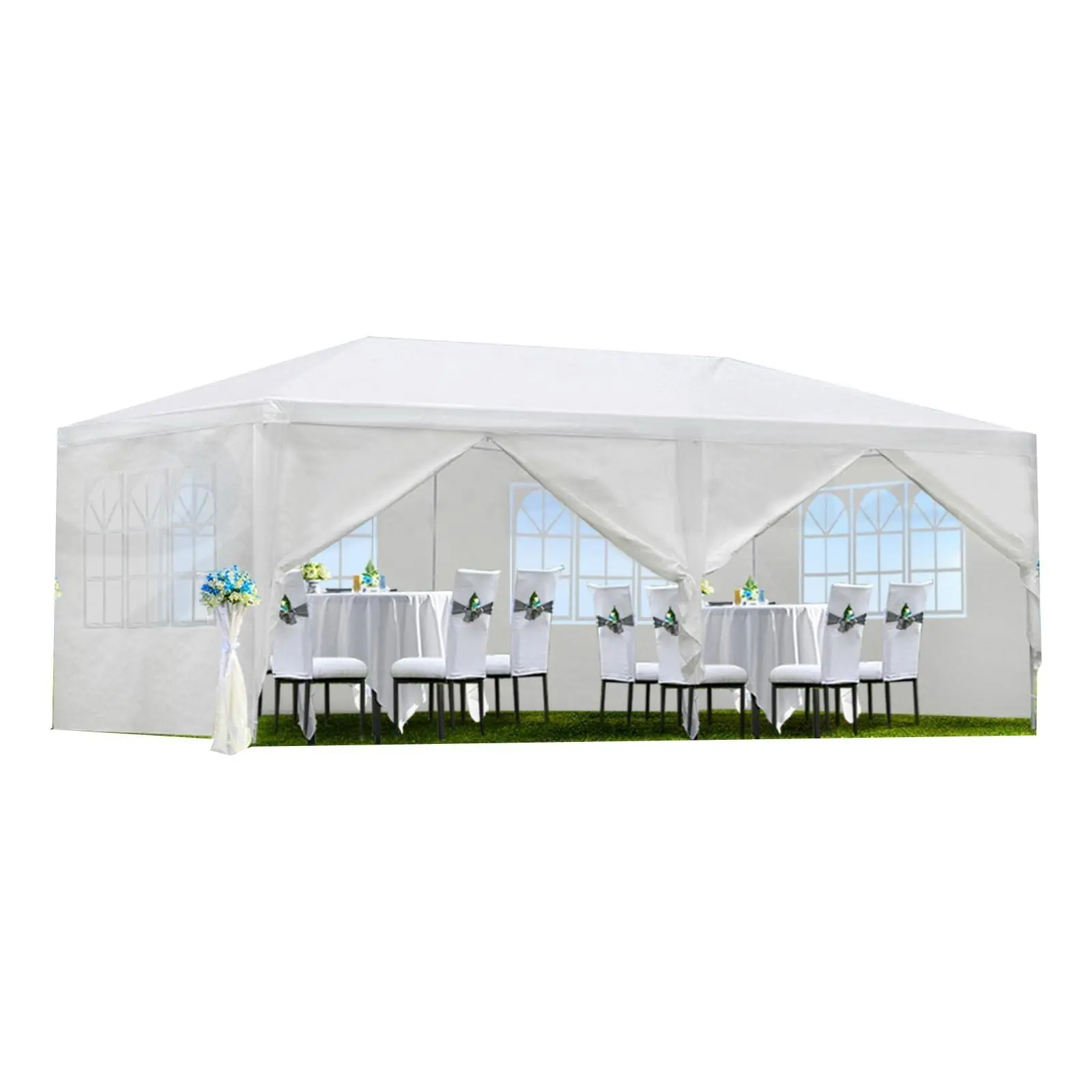 Sturdy 10x20 Outdoor Patio Waterproof Polyethylene Canopy Shade - 10x30 Compatible, Weather Resistant Shelter with 6 Removable Sidewalls, Deck Canopy for Camping, BBQ Events (White) w/Ground Stakes, Tool-Free Setup
