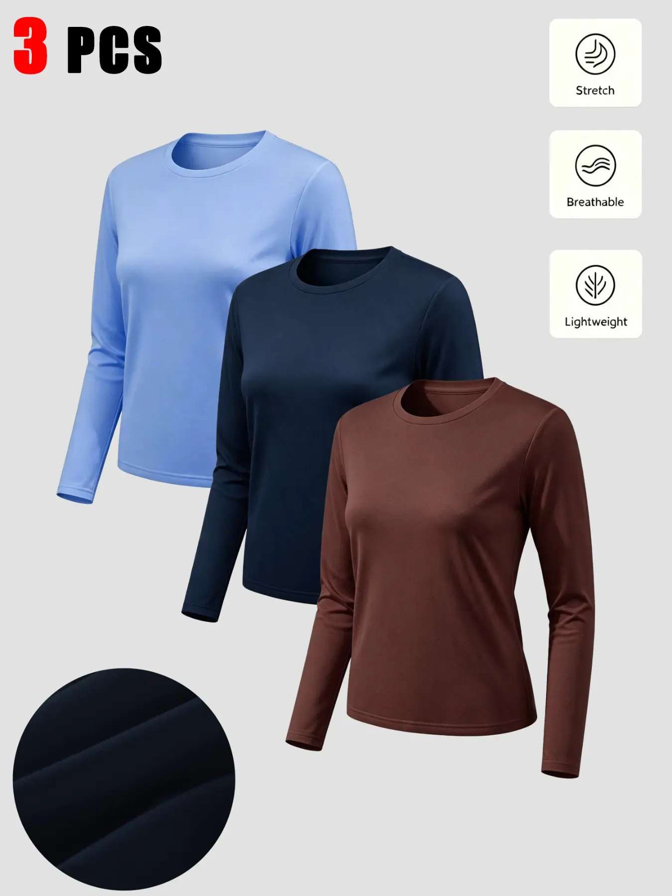 Women's Sporty Round Neck Long Sleeve T-Shirt Set, Soft Comfortable Moisture-Wicking Casual Home Wear, Plain Fitted Design, All Seasons, Sport Knit Set