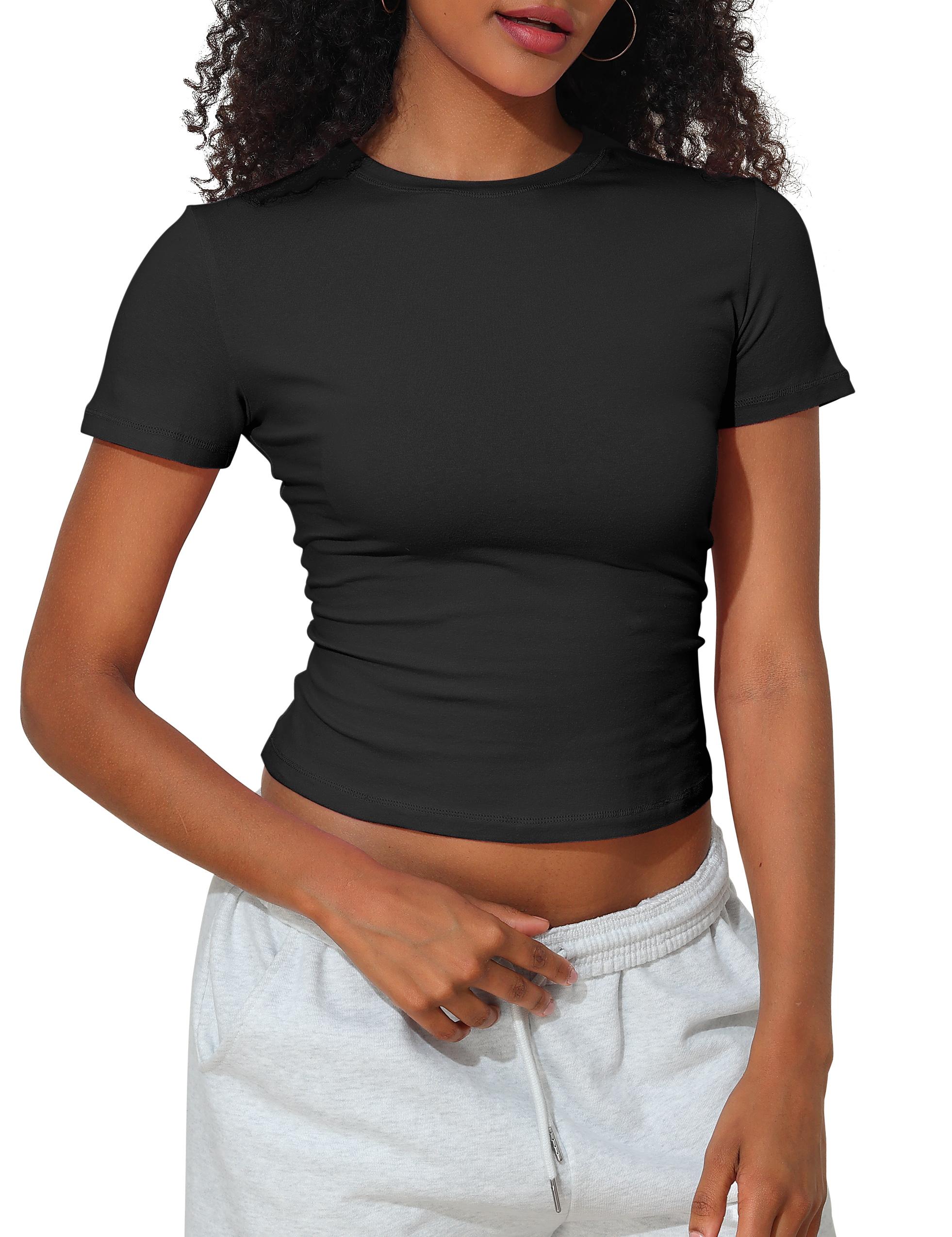 Hilor Women's Casual Basic T-Shirts Going Out Crop Tops Cotton Short Sleeve Tees Tight Fitted Crewneck T Shirts