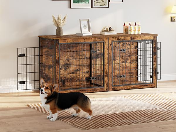 HOOBRO Dog Crate Furniture for 2 Dogs, 63" Large Double Dog Crate Furniture with Divider, Wooden Indoor Dog Kennel TV Stand for Medium Large Dogs, Rustic Brown Home Cage