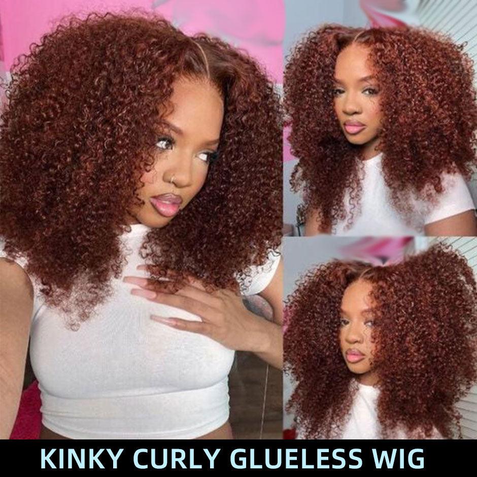 MORE FACE Wear and Go Glueless Wig #33 Reddish Brown Kinky Curly Wig Human Hair Pre Plucked Pre Cut 6*4 Transparent Lace Closure Wigs Natural Hairline