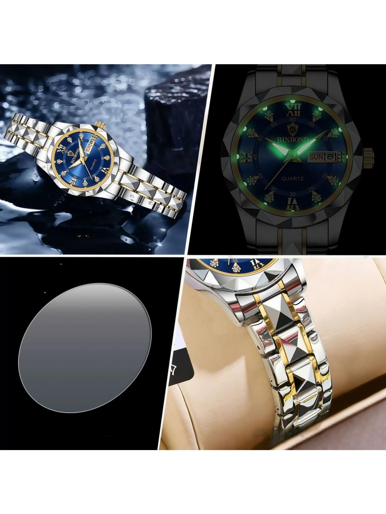 Women's Fashion Round Dial Stainless Steel Strap Quartz Watch, Rhinestone Decorated Watch, Rhinestone Embellished Watch, 30m Waterproof Watch with Calendar Function, Trendy All-match & Exquisite Watch for Birthday Gift with Box