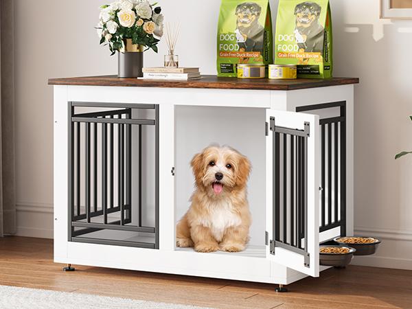 DWVO Dog Crate Furniture, Wooden Dog Crate End Table for Small Dogs up to 30 lbs,Indoor Double Door Dog Crate with Adjustable Feet and Removable Bowls