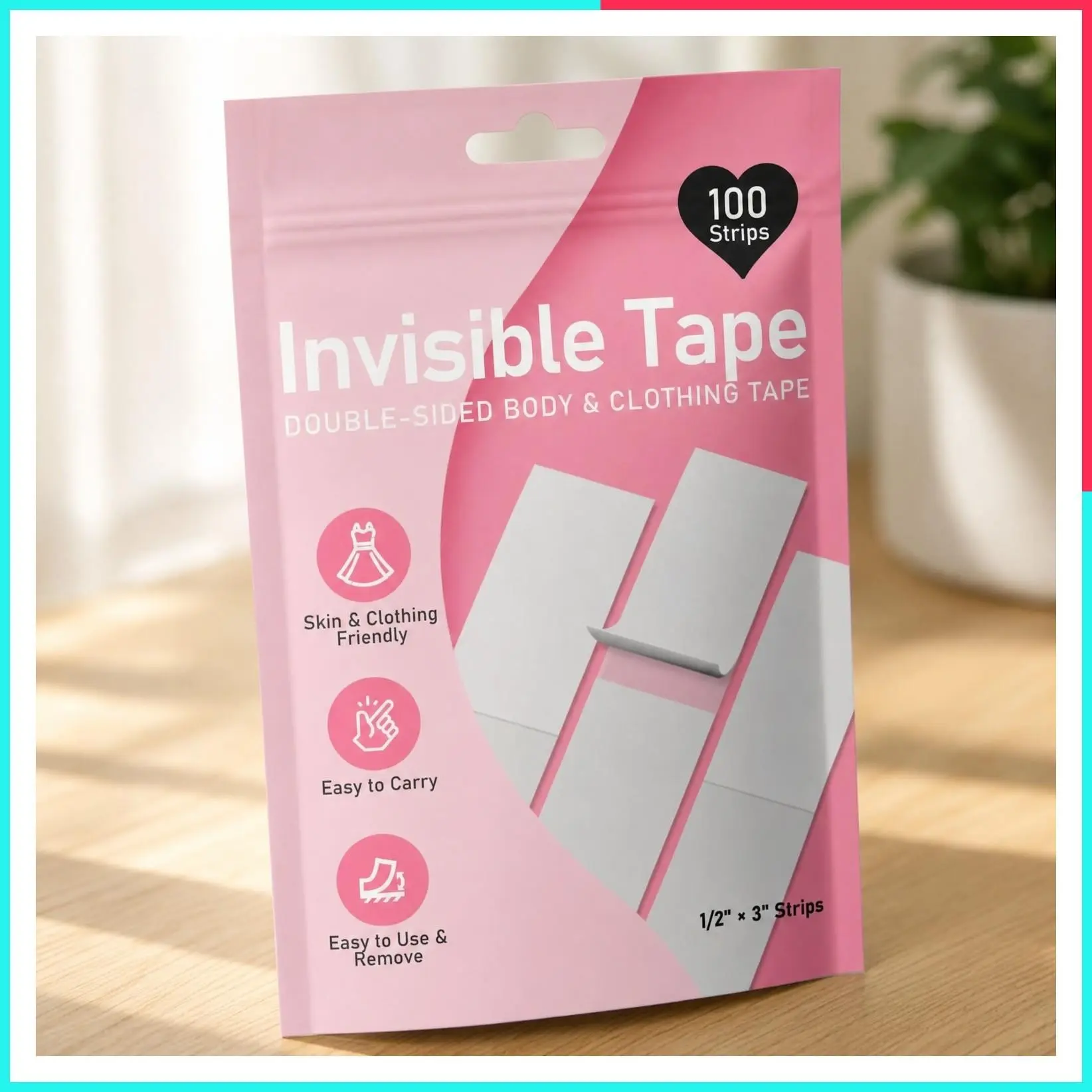 100 Strips Invisible Double-Sided Fashion Tape for Clothing & Body, All-Day Strong Hold, Hypoallergenic for Sensitive Skin