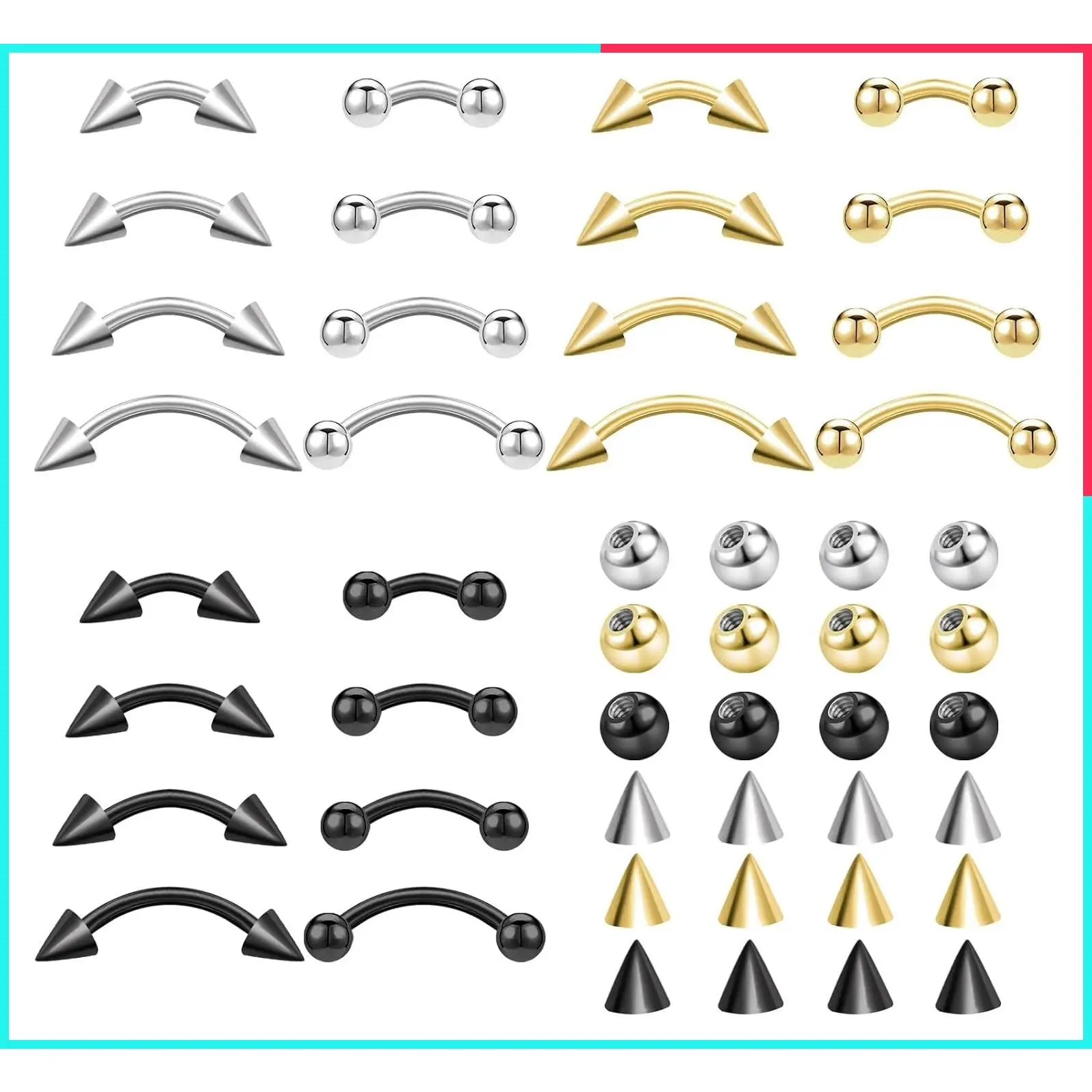 48 Pcs 16G Surgical Steel Curved Barbell Eyebrow, Labret, Lip, Rook, Daith & Belly Button Rings Set for Women Men