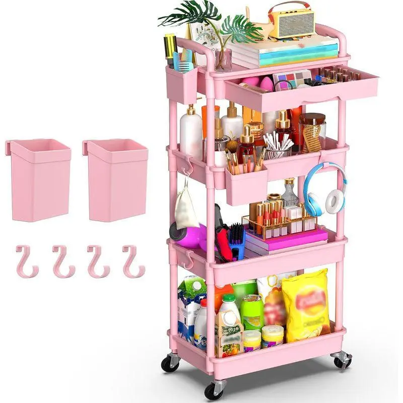 4 Tier Rolling Utility Cart Organizer with Removable Drawer, Pink Plastic Storage Cart with 360 Swivel Lockable Wheels, 2 Cups 4 Hooks for Bathroom Kitchen Craft,stackable