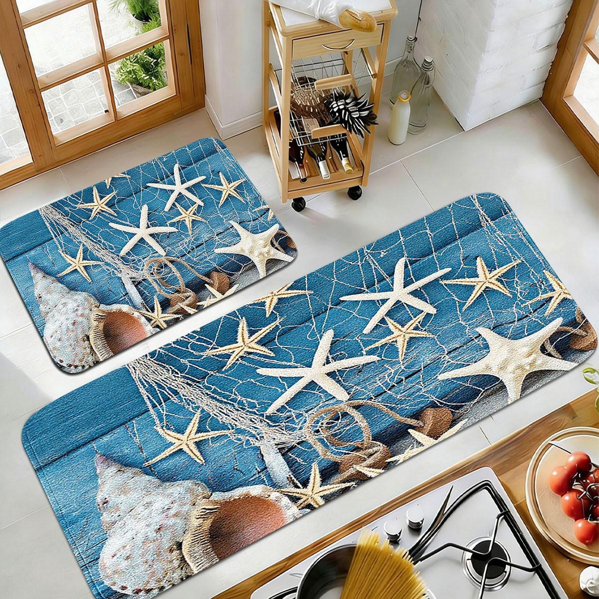 Ocean Theme Starfish Seashell Bath Mat, Blue Wood Print, Thick Faux Wool, Skin-Friendly, Non-Slip, Absorbent, Durable, Easy Clean, All Seasons