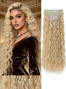 Clip-In Hair Extensions, 6pcs Long Mermaid Waves Wavy Synthetic Hairpieces for Women, 22 Inch Deep & Dirty Blonde
