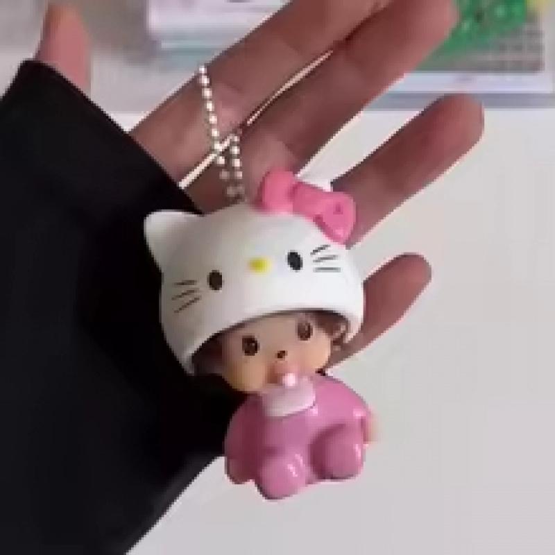 Hot-selling cute Hello Kitty and Monchhichi plush keychains, soft rubber 3D pendants, student schoolbag ornaments, car keychains, couple birthday gifts, creative cartoon merchandise, and girly accessories
