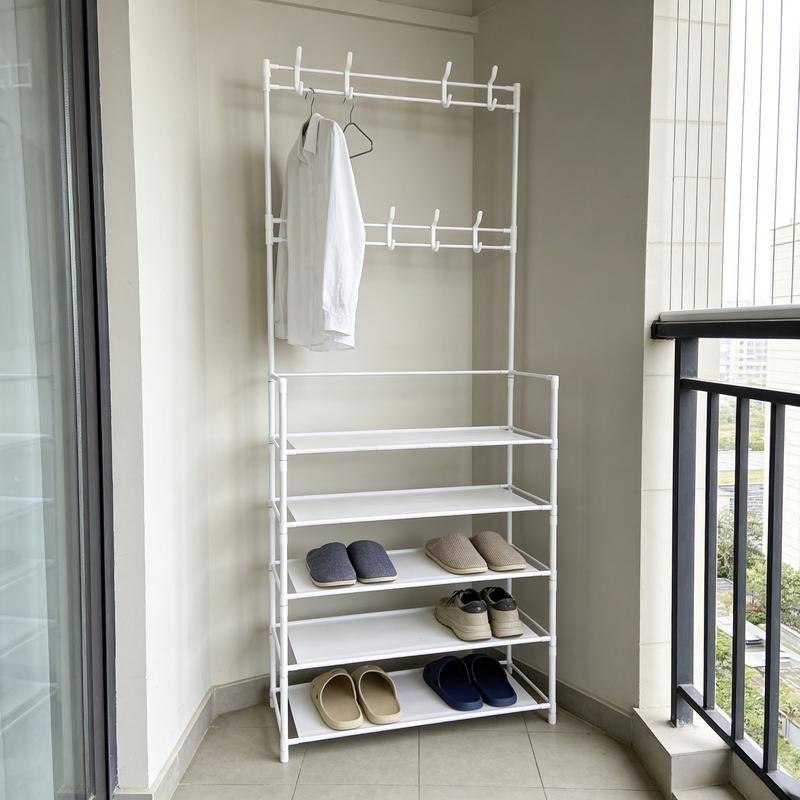 Five-Tier Independent Wardrobe Shoe Rack Combo, Metal Space-Saving Stand, with 8 Hooks and Dual-Sided Shelves