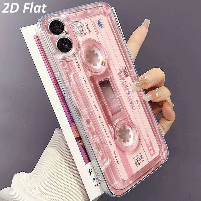 Phone Case: 2D Flat Cassette Tape Pink Transparent Phone Case, Suitable for iPhone 17 Air 16 15 14 13 12 11 Pro Max X XS XR XSMAX 7 8 6 6S Plus 16E, Creative TPU Durable Drop-Proof Transparent Protective Phone Cover, 2D Flat