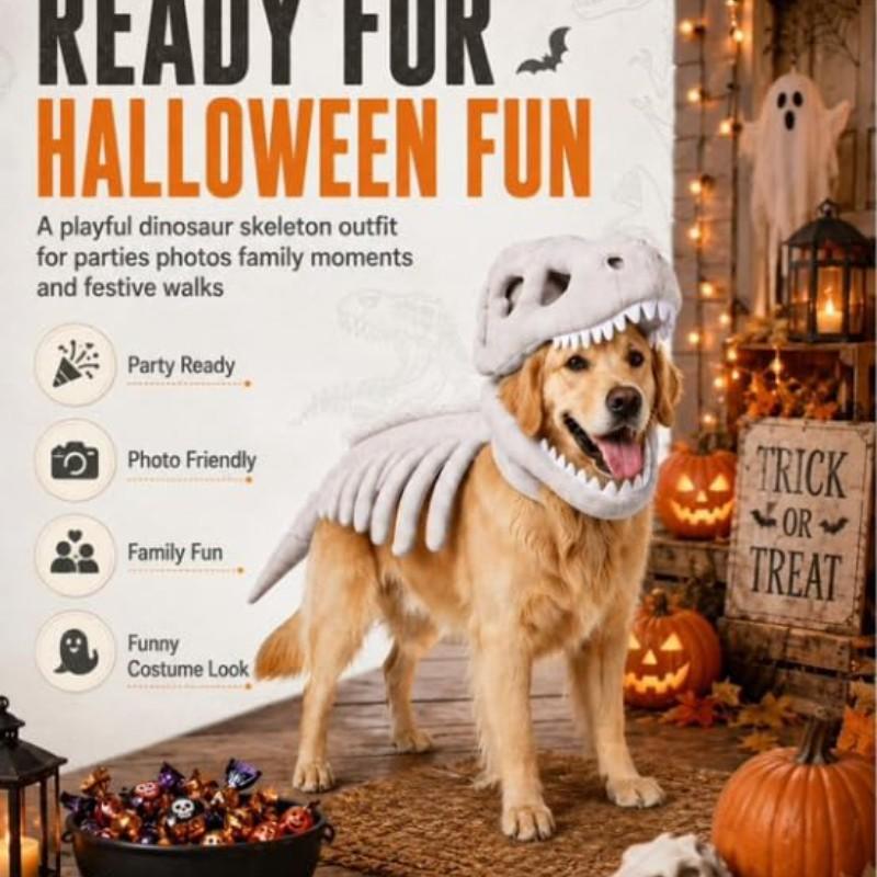 Pet Halloween Dog Costume with Dinosaur Skeleton, Realistic 3D Dinosaur Bone, Plush Pet Hat Costume, Large Dog Role Play Dress, Puppy Costume Pet Halloween Dog Costume with Dinosaur Skeleton, Realistic 3D Dinosaur Bone, Plush Pet Hat Costume, Large Dog Role Play Dress, Puppy Costume