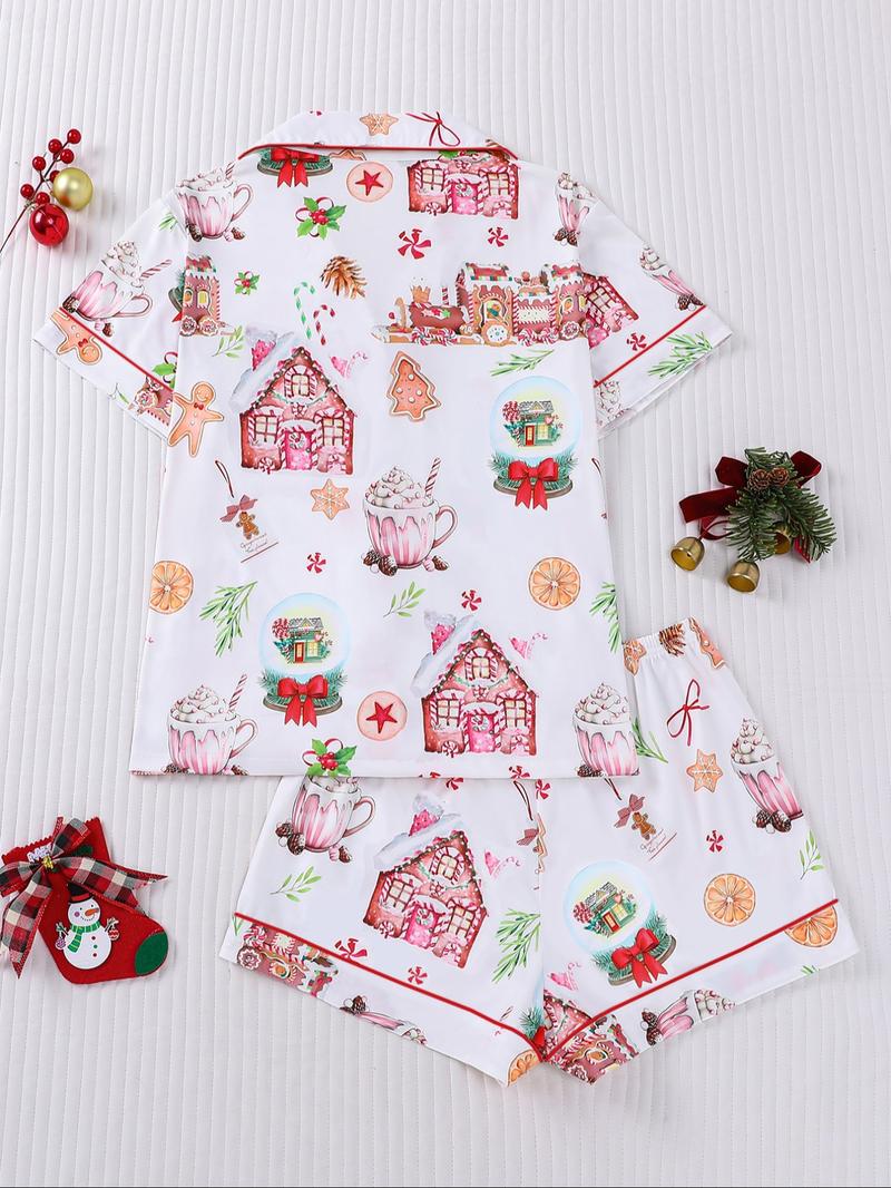 【Christmas Pyjamas】Women's Set, Watercolor Gingerbread Print, Short Sleeve Button Front Top & Elastic Shorts, Casual Home Wear, Loungewear