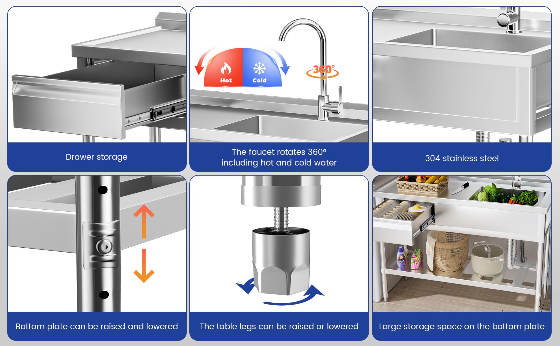 Stainless Steel Utility Sink, Free Standing Single Bowl Commercial Kitchen Sink w/Workbench & Storage Shelf, w/Hot & Cold Water Pipes & Faucet for Laundry Room, Farmhouse, Indoor/Outdoor