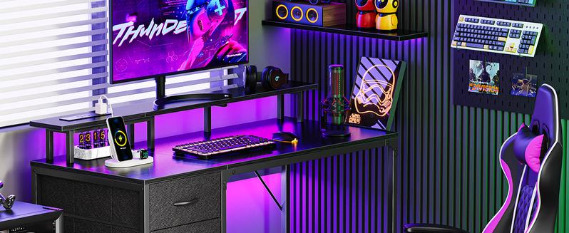 Huuger Computer Desk with Power Outlets and LED Lights, Gaming Desk with 4 Drawers, Office Desk with Monitor Stand, USB-C Port