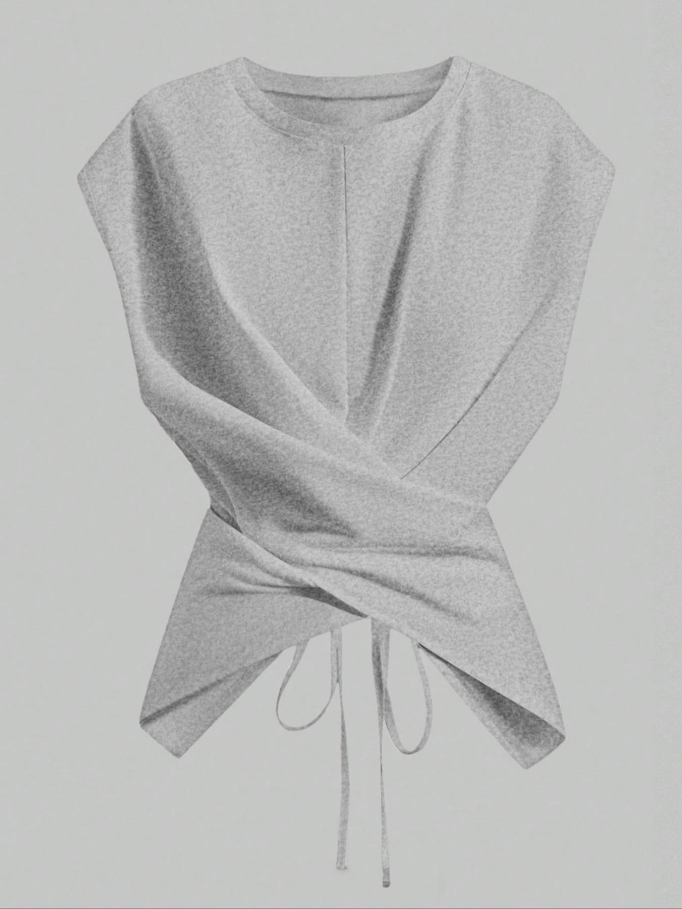 Women's Knitted Round Neck Drop Shoulder Sleeve T-Shirt, Fashion Casual Asymmetrical Ruched Cross Cutout Back Tie Top