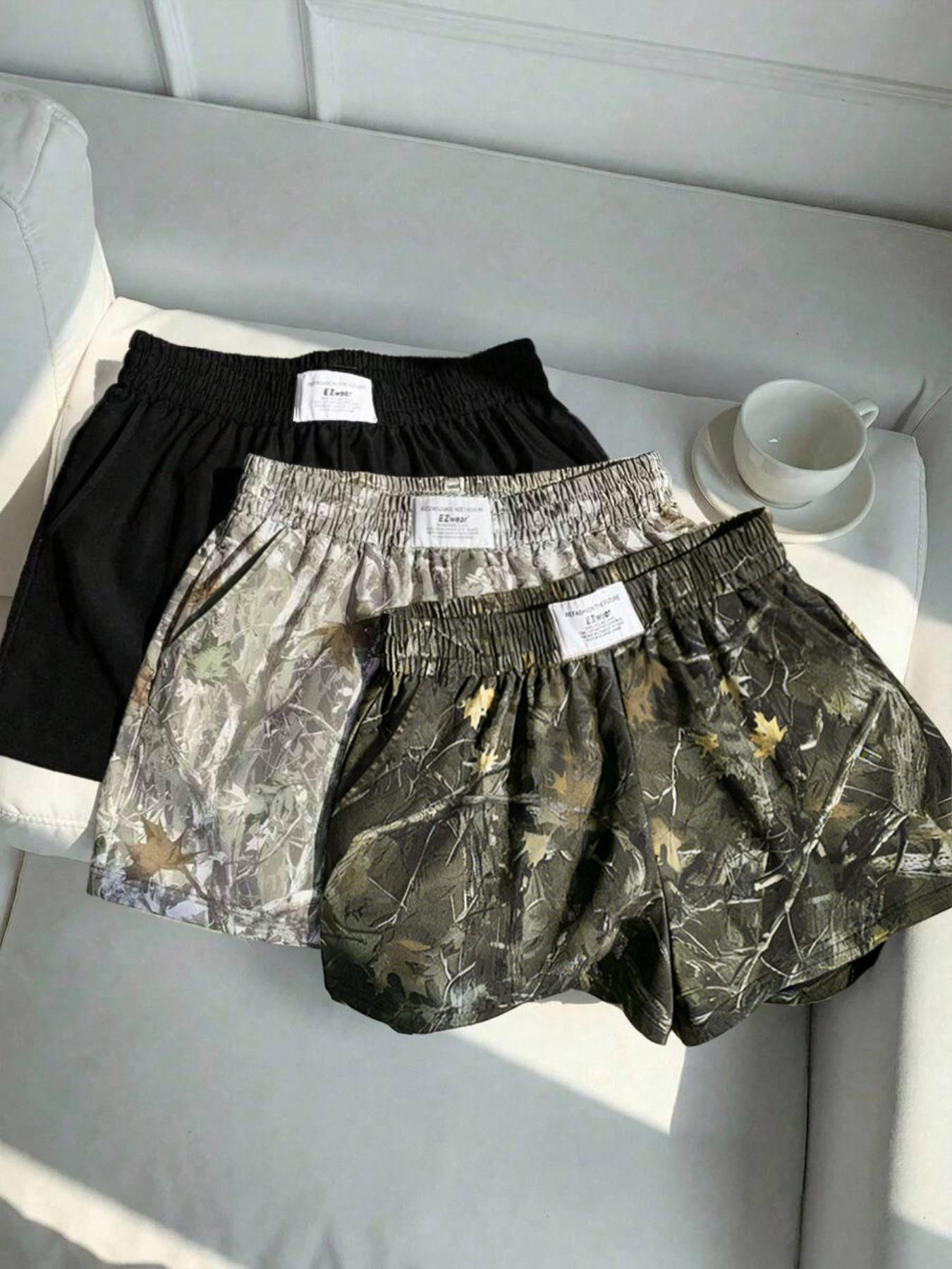 3-Pack Women's Summer Solid + Camo Tree Pattern + Leopard Print Logo Side Pocket Loose Sporty Shorts, Elastic Waist Design, Essential Shorts for Casual Outdoor Wear, Sports Fitness, and Street Style Outfits