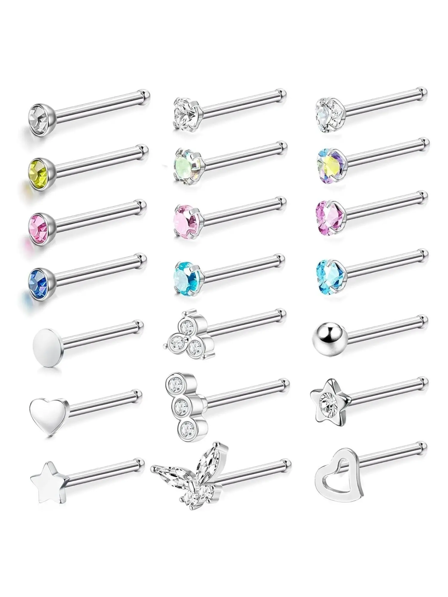 21 Pcs Silvery Vivid CZ Star Heart Ball Butterfly Nose Rings for Women Men Premium Hypoallergenic Surgical Stainless Steel Full Nose Piercing Jewelry Set Straight Nose Piercings Threaded Nose Screw Rings Classic Nostril Studs Chic Body Jewelry