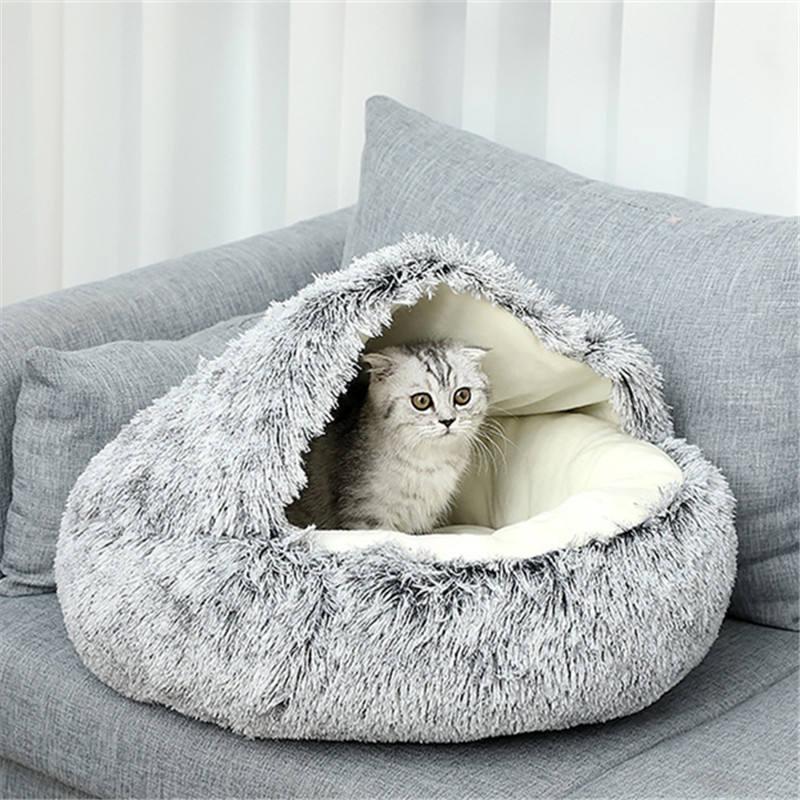Half-Enclosed Cat Bed with Cover, Soft Pet Dog Bed, Autumn Winter Warm Short Plush Pet Bed for Dogs and Cats, PP Cotton Fabric, Bed Built Kennel