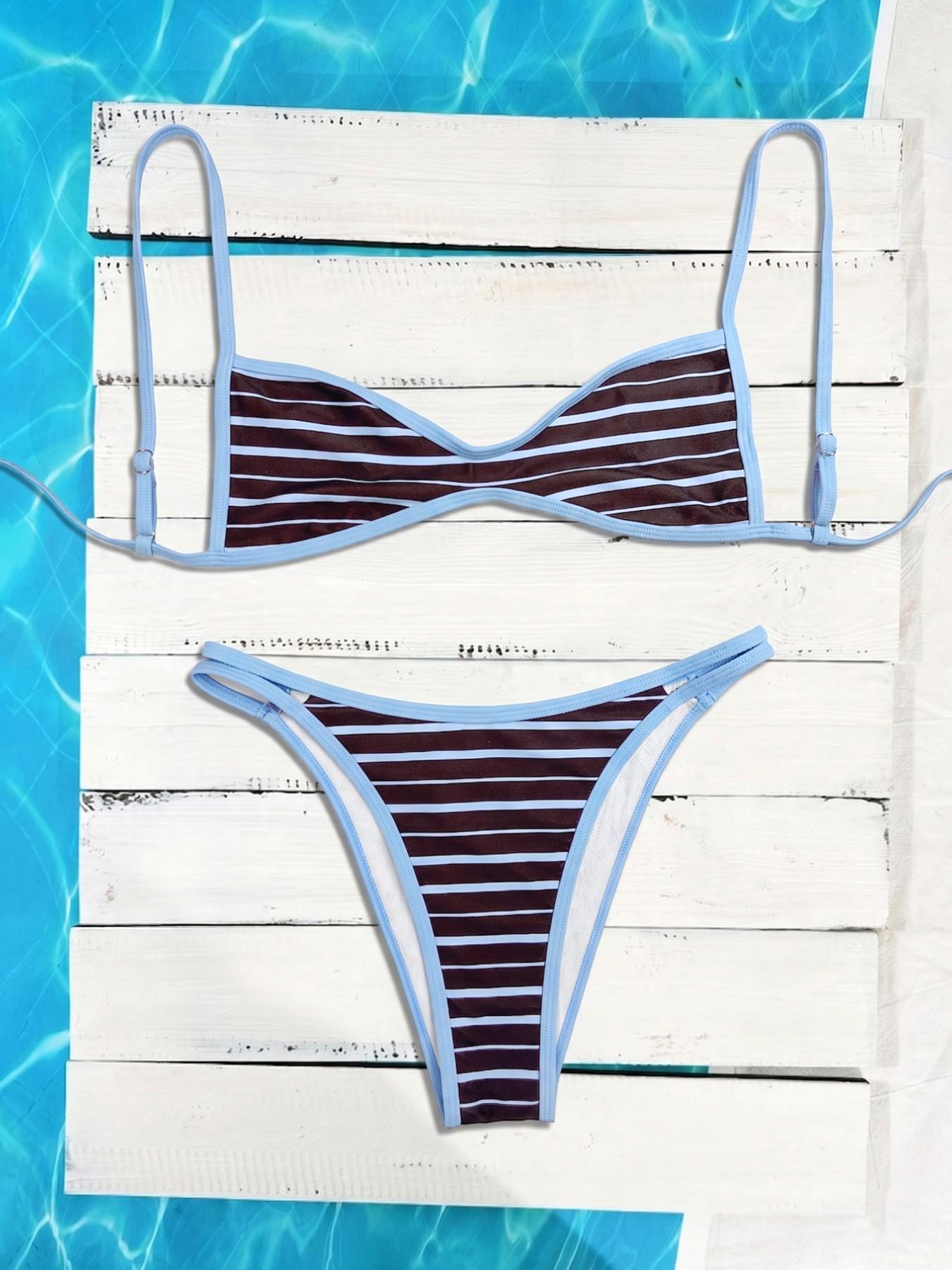 New Women's Blue Striped Bikini Set, Adjustable Straps, Thin Shoulder Strap Bikini, Casual Beachwear, Pool Party Fashion Swimwear