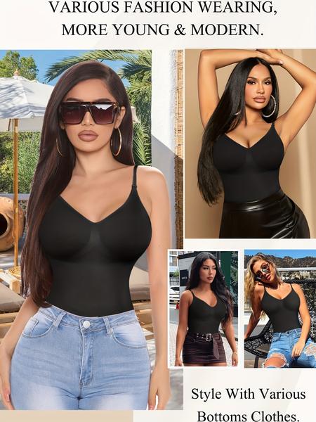 Women's Solid Backless Adjustable Strap Shapewear Bodysuit, High Stretch Seamless Shapewear, Lady Underwear Halloween dailydrip comfyessentials  tiktokshopbacktoschool