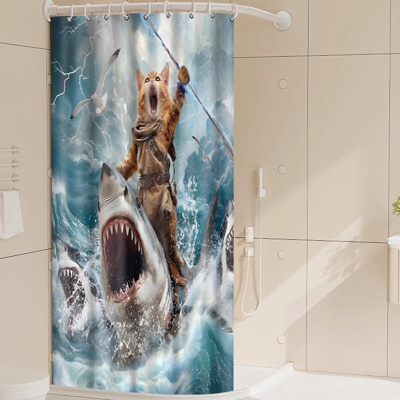 1pc Epic Orange Cat Shark Rider Fantasy Printed Shower Curtains with Plastic Hooks Shower Curtain for Bathtub Bathroom, Suitable for Home and Hotel Machine Washable Bathroom Decor as Best Gifts for Friends and Fantasy Lovers