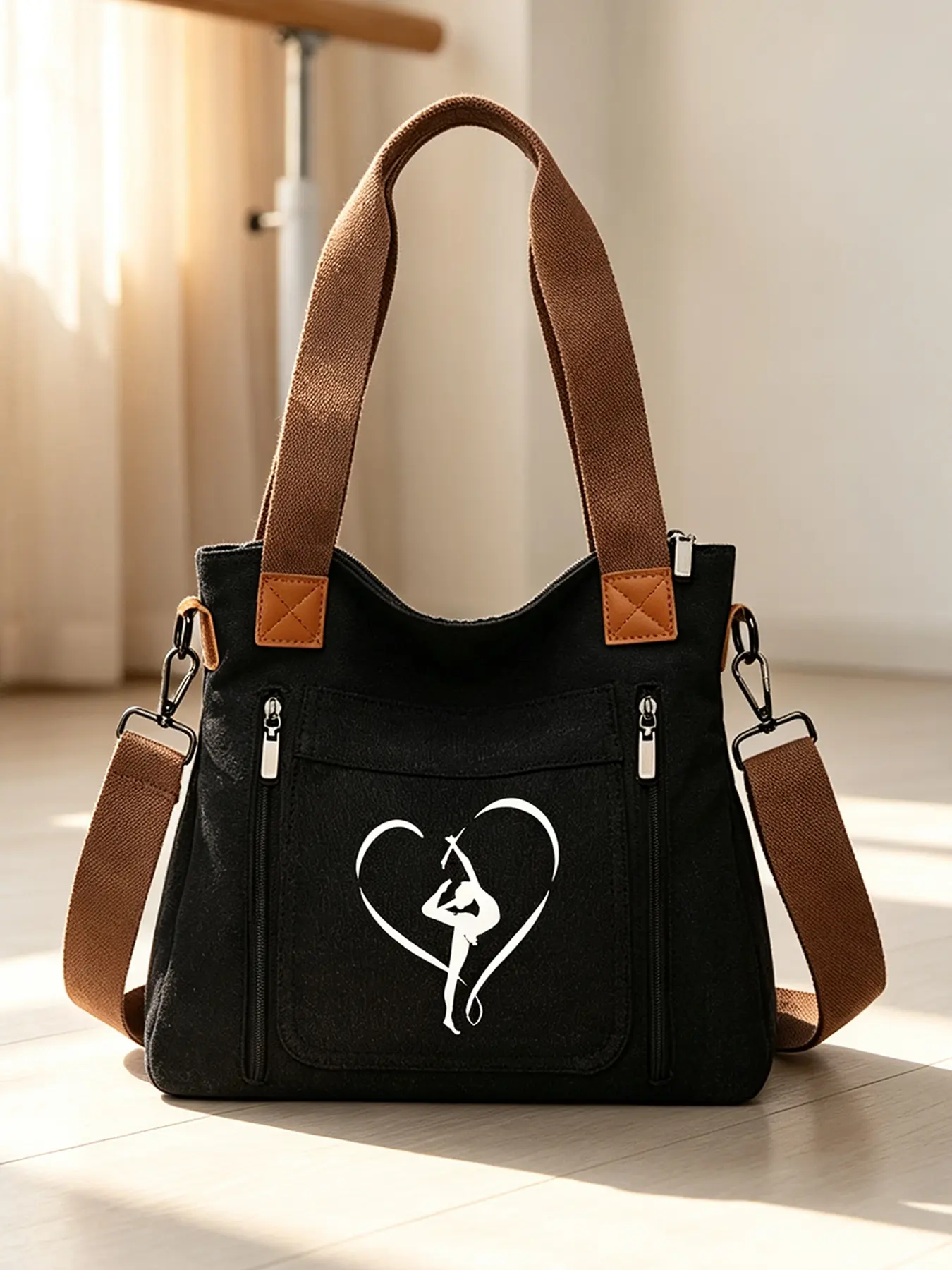 Dance Silhouette Print Fashion Canvas Bag, Large Capacity Crossbody Bag, Multi‑compartment Shoulder Bag, Casual Daily Bag for Students School Use