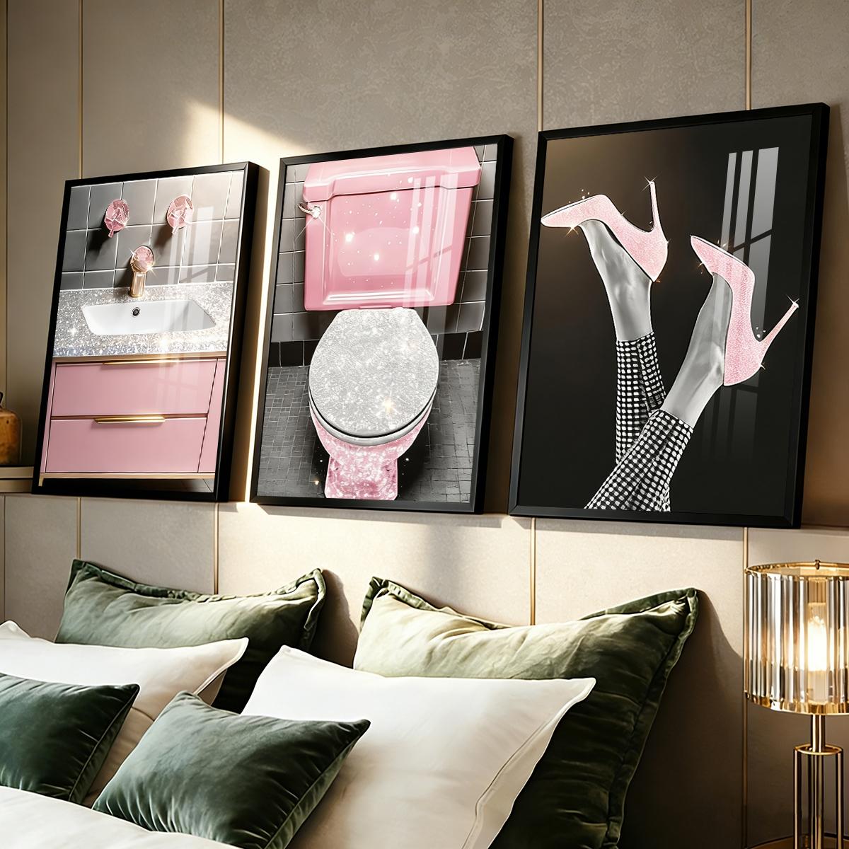 3 Counts Aluminum Alloy Framed Painting, Pink Glam Bathroom And High Heels Art Pictures, Home Decoration For Living Room, Bedroom, Office, Restaurant, Hallway Wall Decor, Odorless Print Artwork, Luxury Perfect Gift For Friends And Family