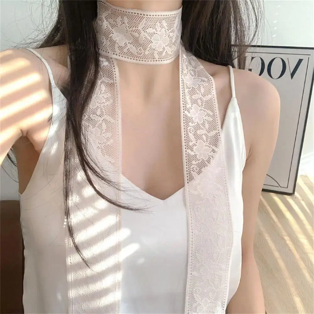 Lace Flower Narrow Long Scarf Women Girls Skinny Headband Floral Lace Scarf Y2k Long Ribbon Scarves Ladies Hair Band Neck Scarf