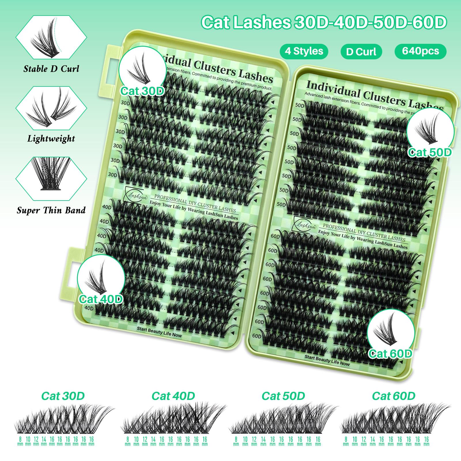 1664 PCS Lash Clusters Kit D Curl 12 Styles Cat/Volume Lashes Book Kit with Bond&Seal, Lash Remover Brush, Lash Applicator, Eyelash Extension Tweezers, Lash Shampoo&Brush, For Beginners&Proficient, Easy DIY at Home & Daily Makeup