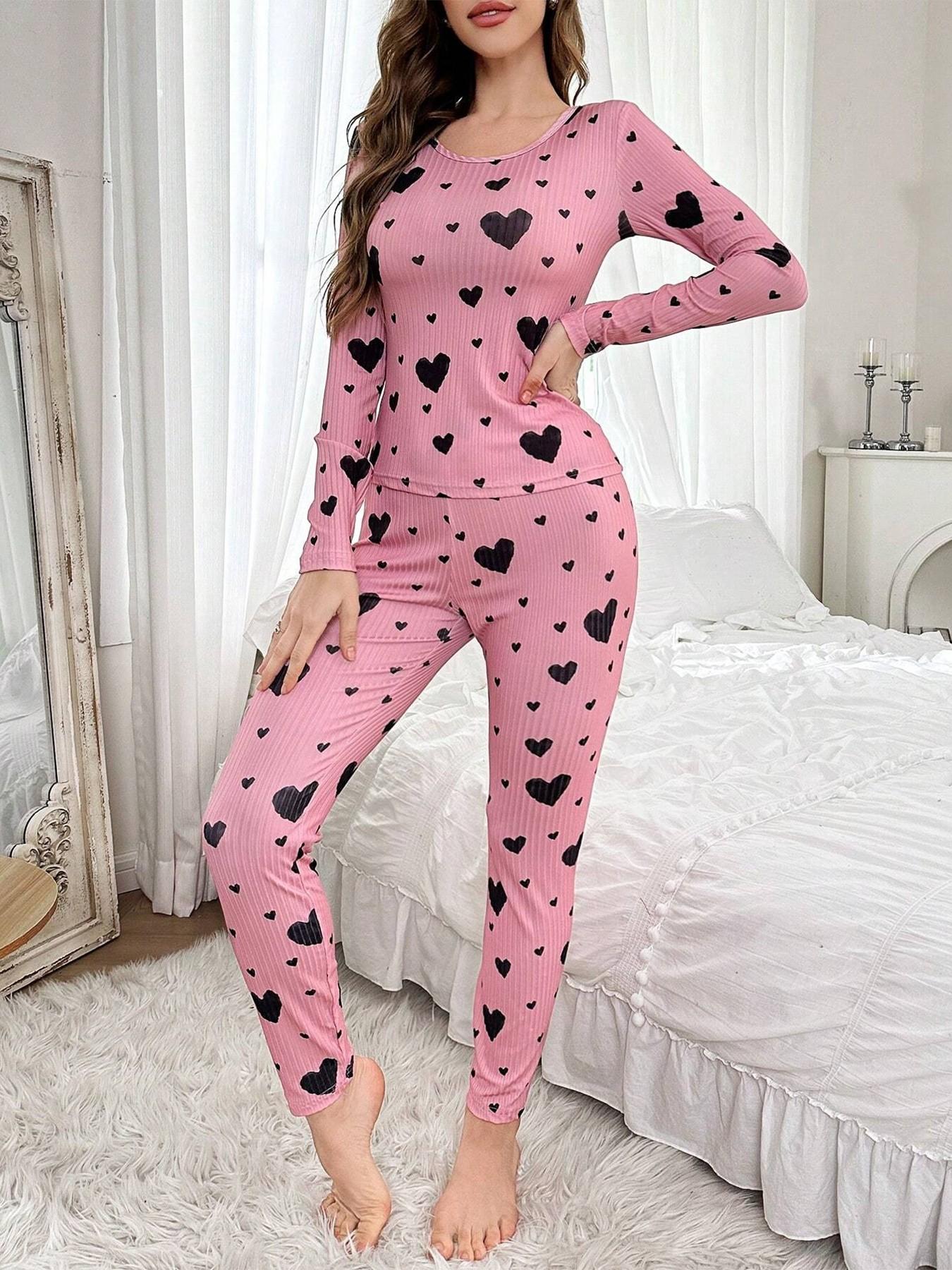 Women's Sleepwear Set, Casual Round Neck Long Sleeve Pants, Romantic Heart Print, Soft Elegant Comfortable, Wearable at Home